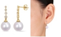 Macy's South Sea Cultured Pearl (10-10.5mm) and Diamond (1/6 ct. t.w.) Dangle Earrings in 14k Yellow Gold
